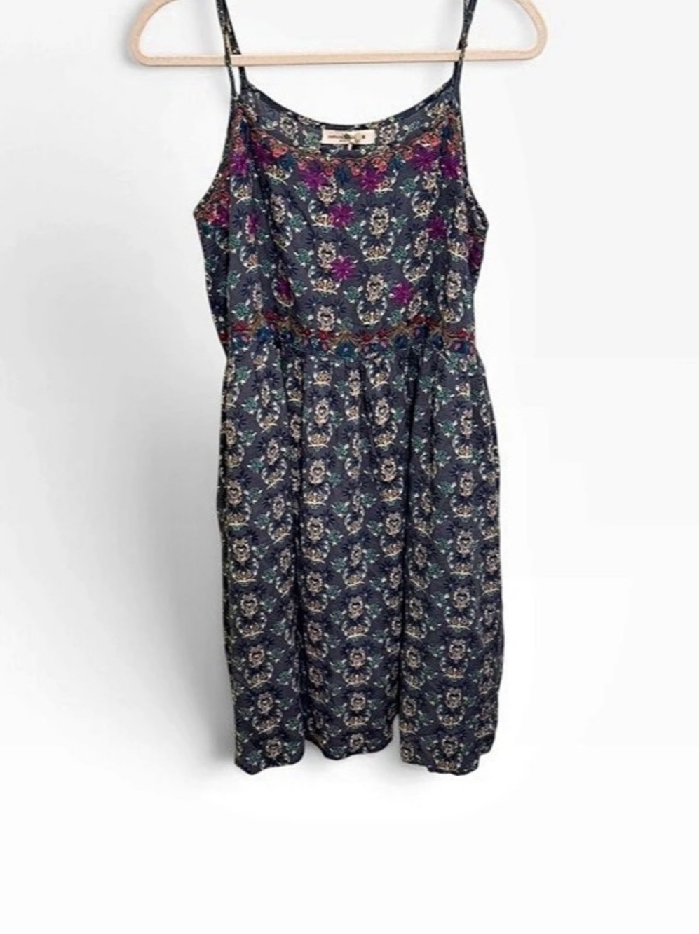 Natural Life Blue Floral Embroidered Boho Sundress Spaghetti Strap M NWT
